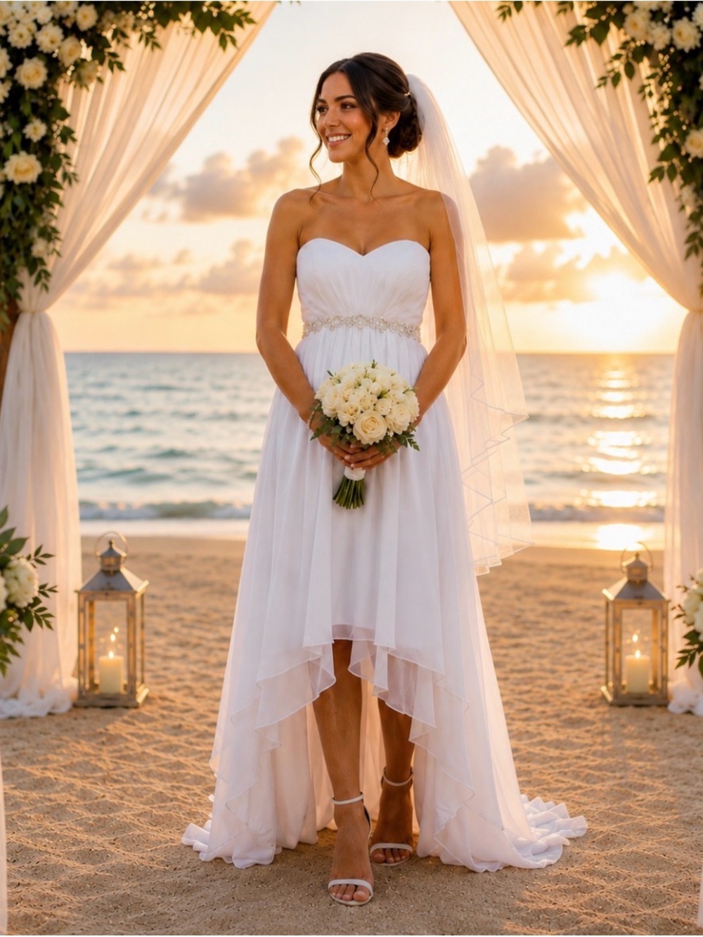 Eumi Strapless White High-Low Bridal Dress with Beaded Waist